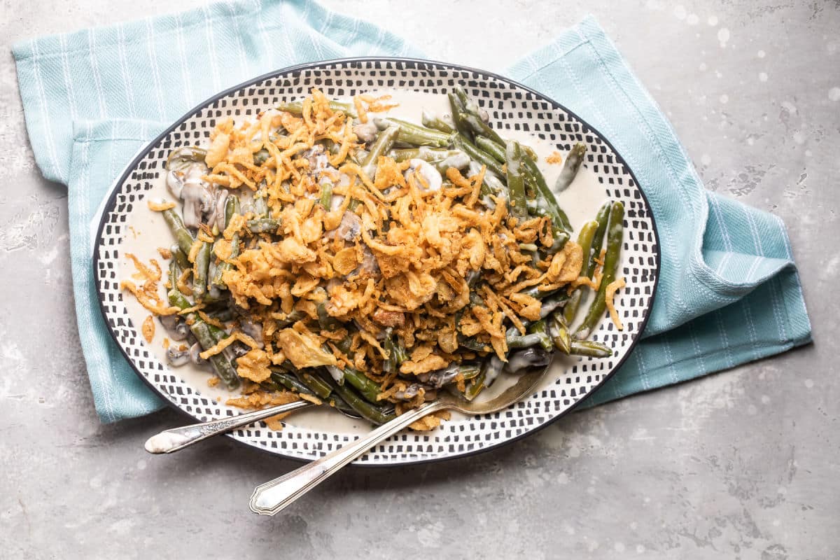 A platter of green bean casserole.