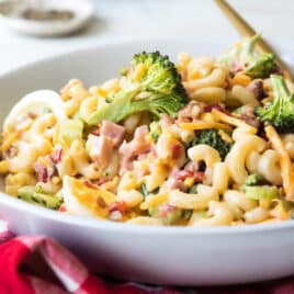 The best macaroni salad in a white serving bowl.