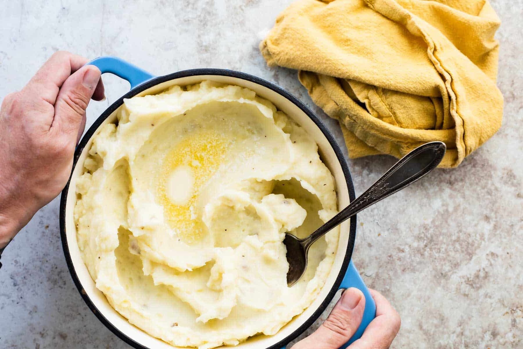 A pot of mashed potatoes.