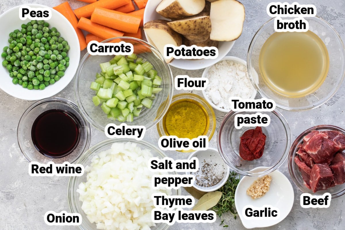Labeled ingredients for beef stew.