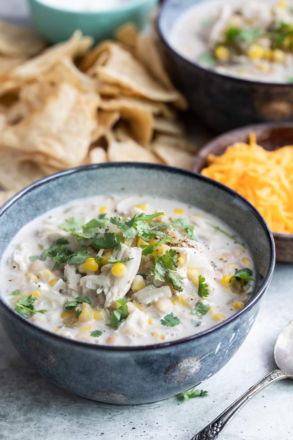A bowl of white chicken chili.