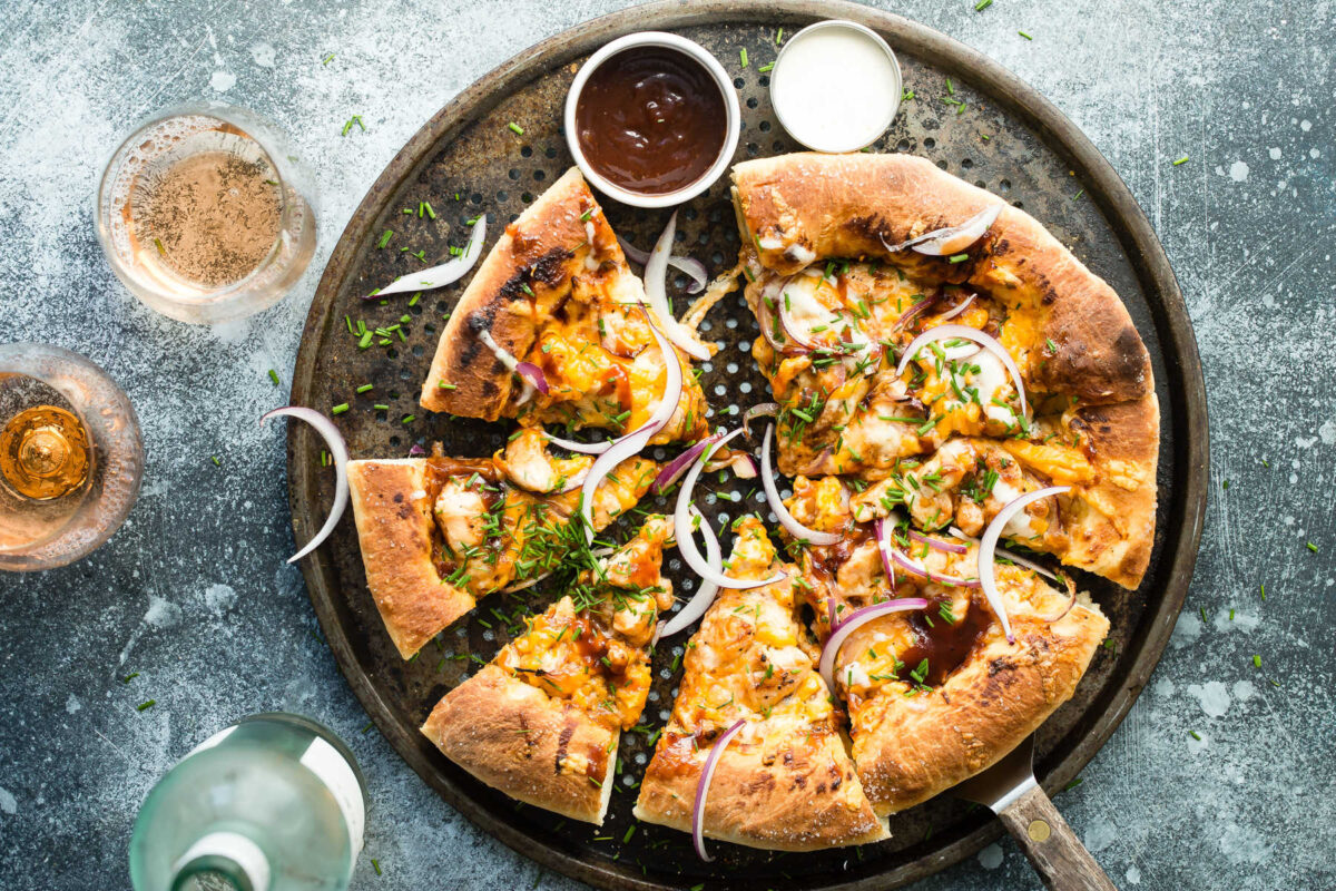 An overhead shot of bbq chicken skillet pizza.