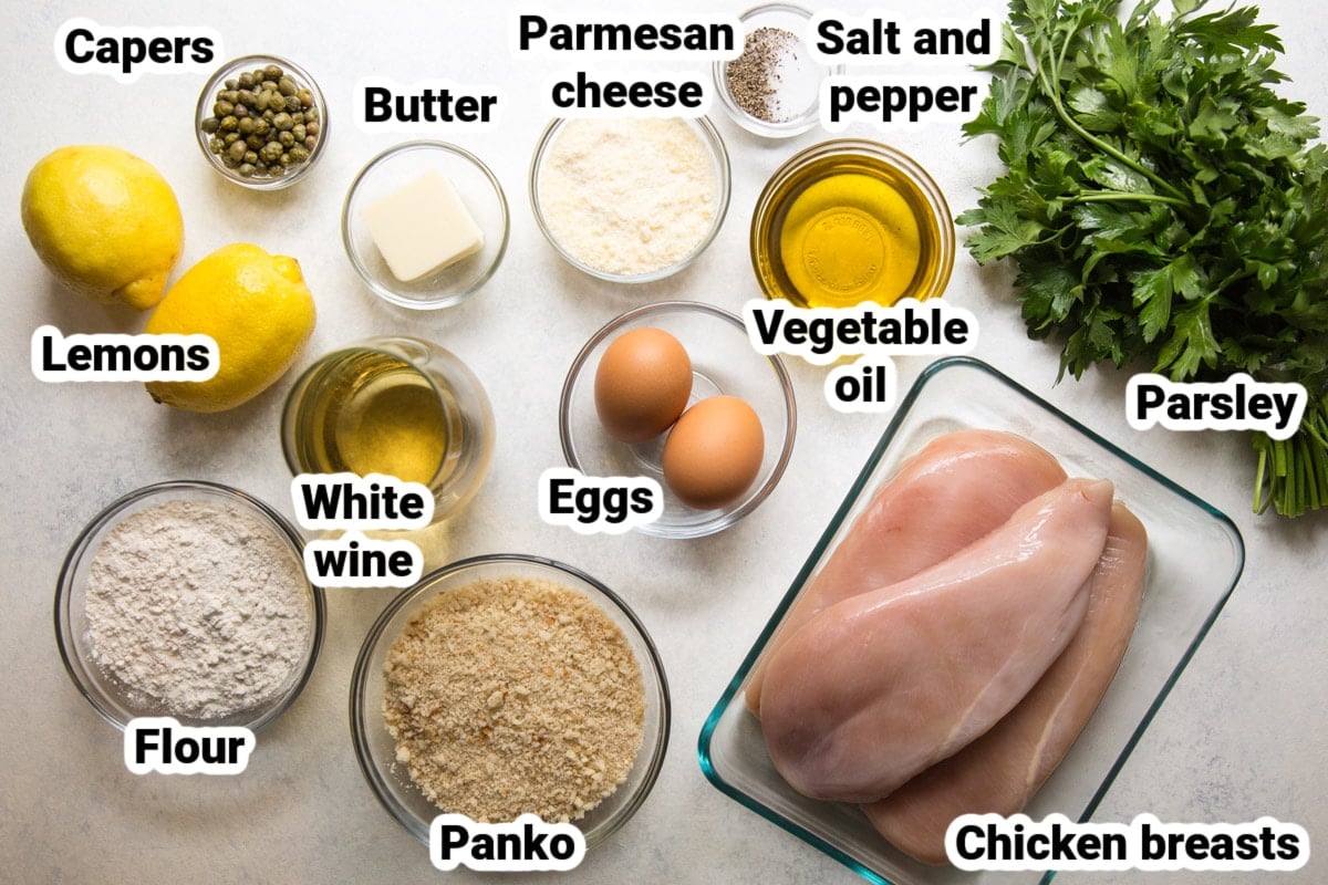 Labeled ingredients for chicken piccata.