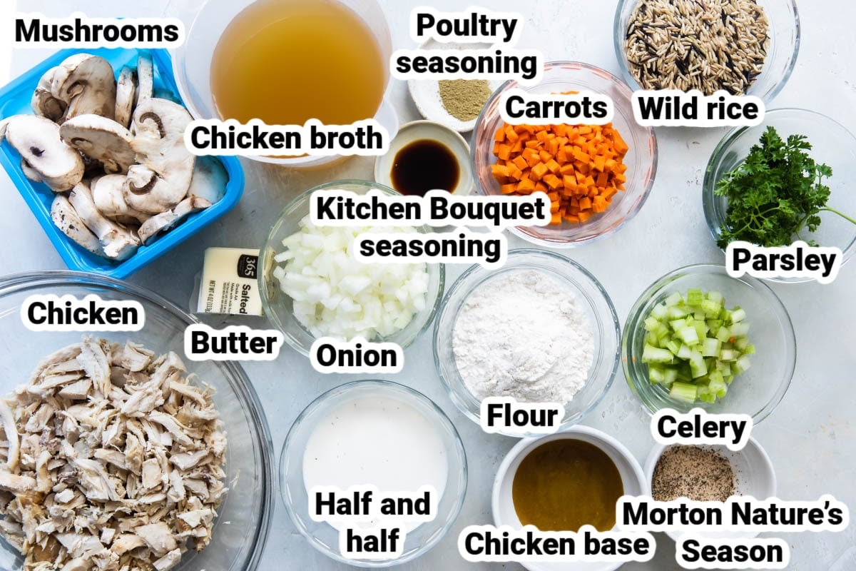 Labeled ingredients for chicken wild rice soup.