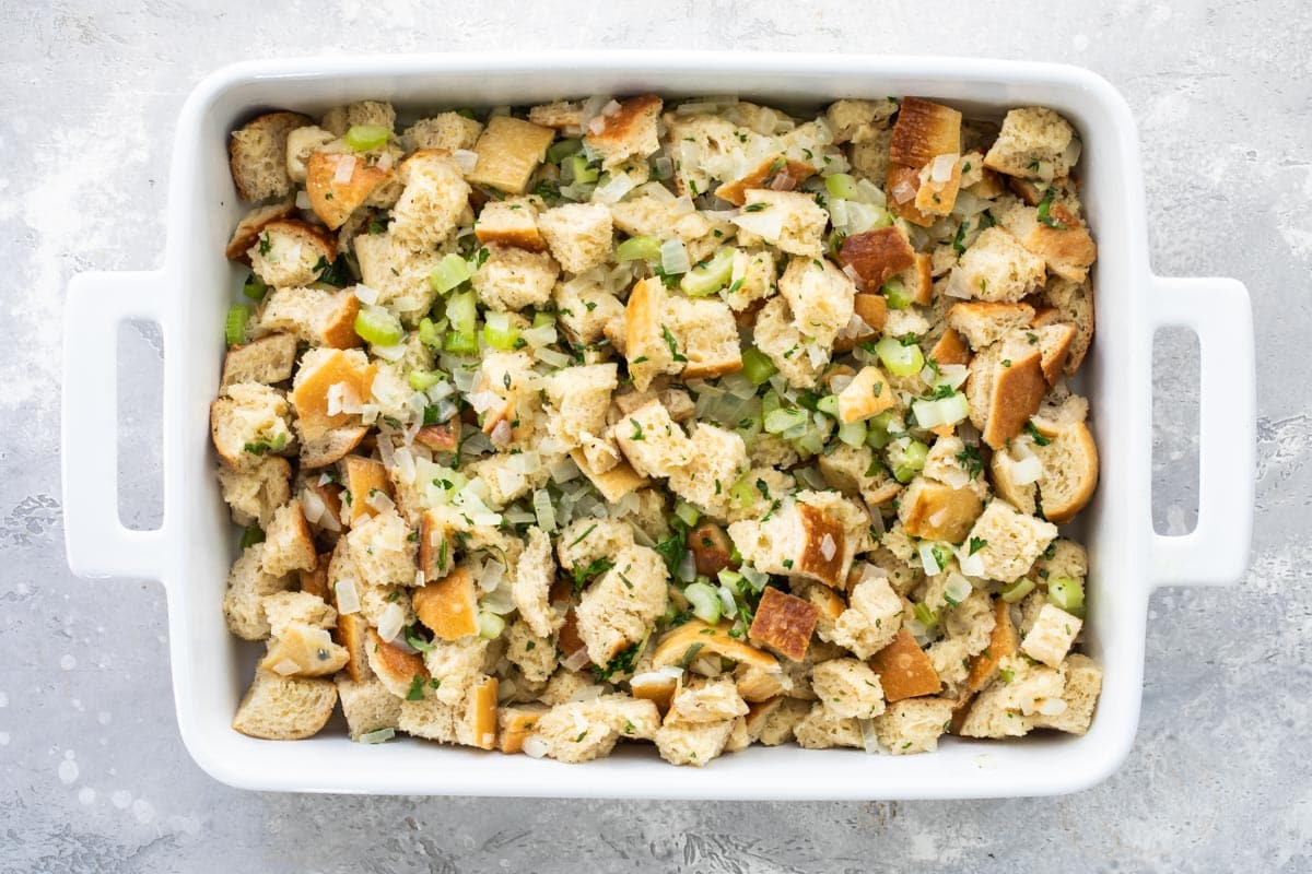 A pan of bread stuffing.