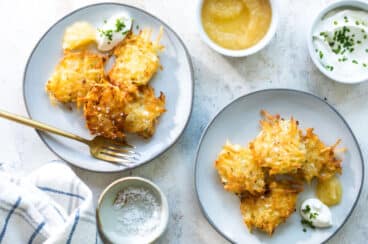 Plates of potato latkes for Hanukkah.