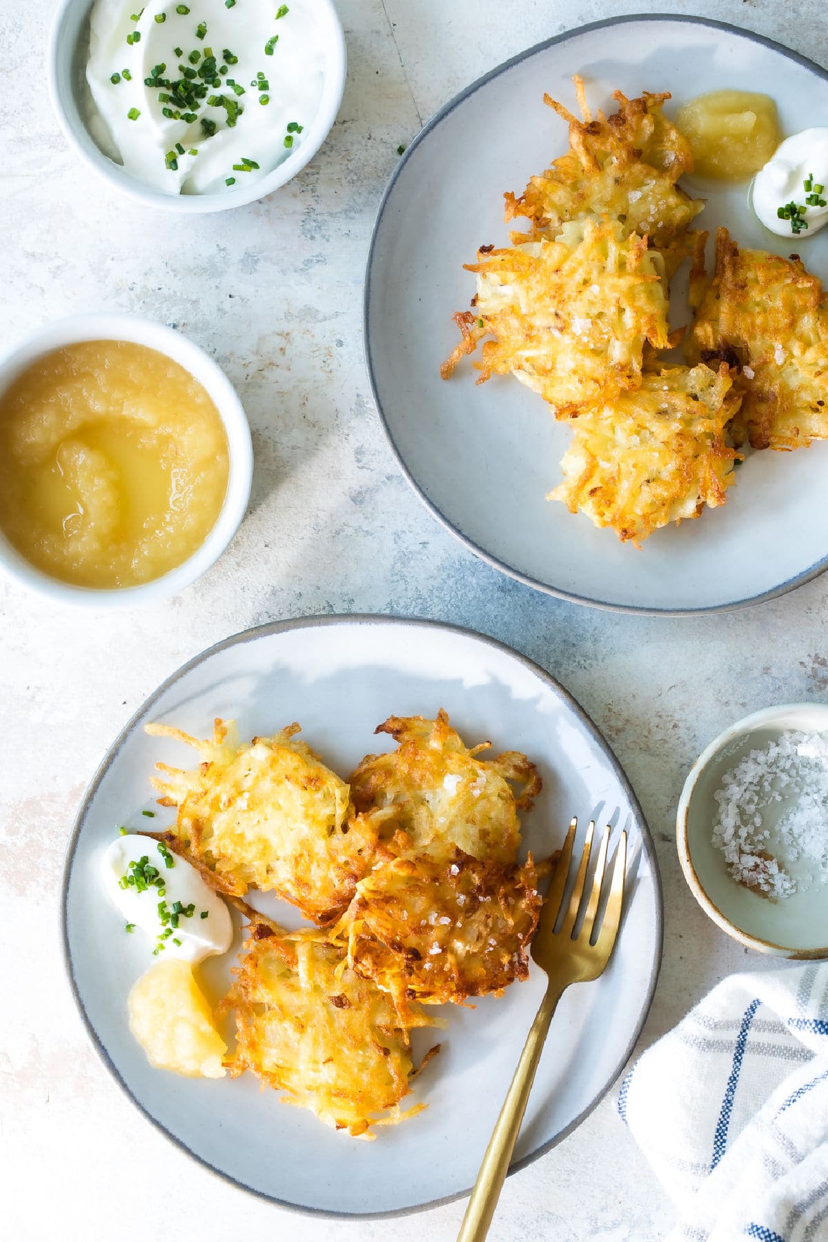 Plates of potato latkes for Hanukkah.