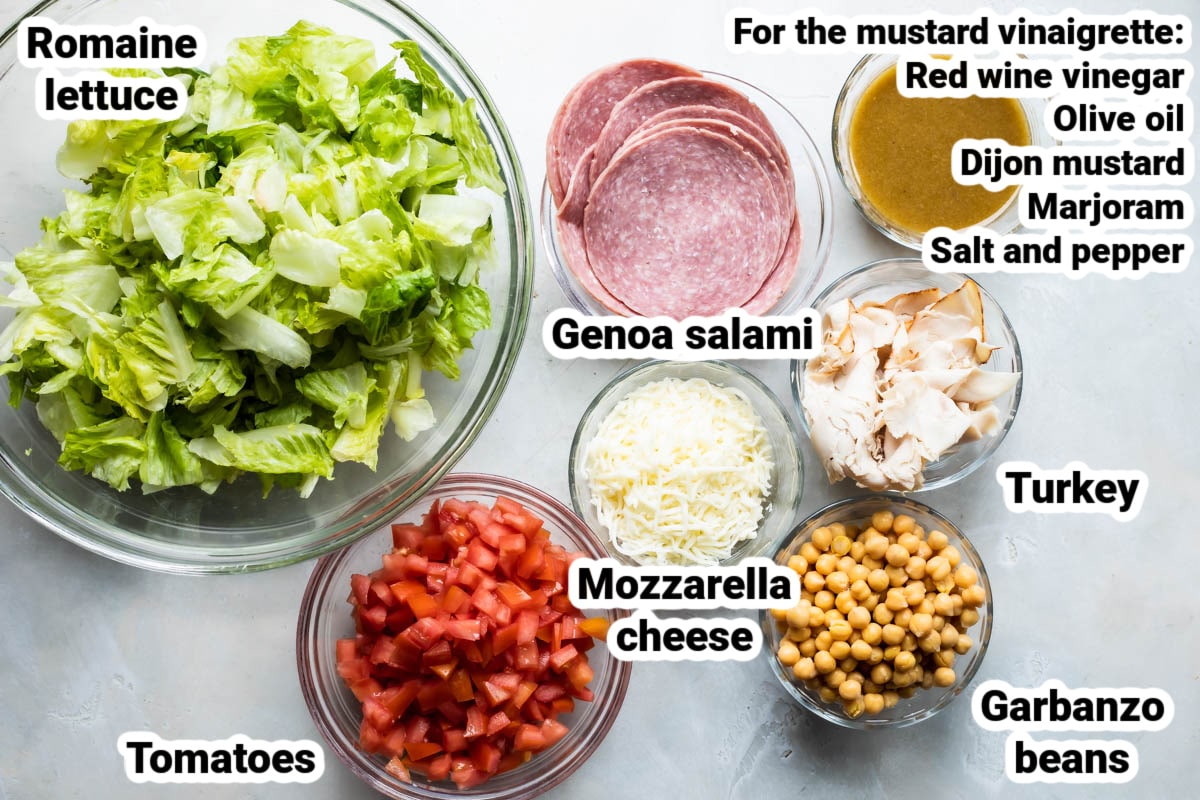 Labeled ingredients for Italian chopped salad.