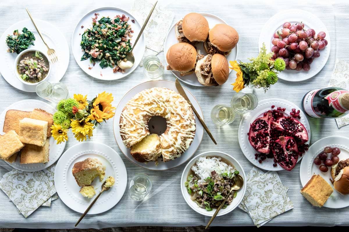 A table filled with lucky New Year's food.