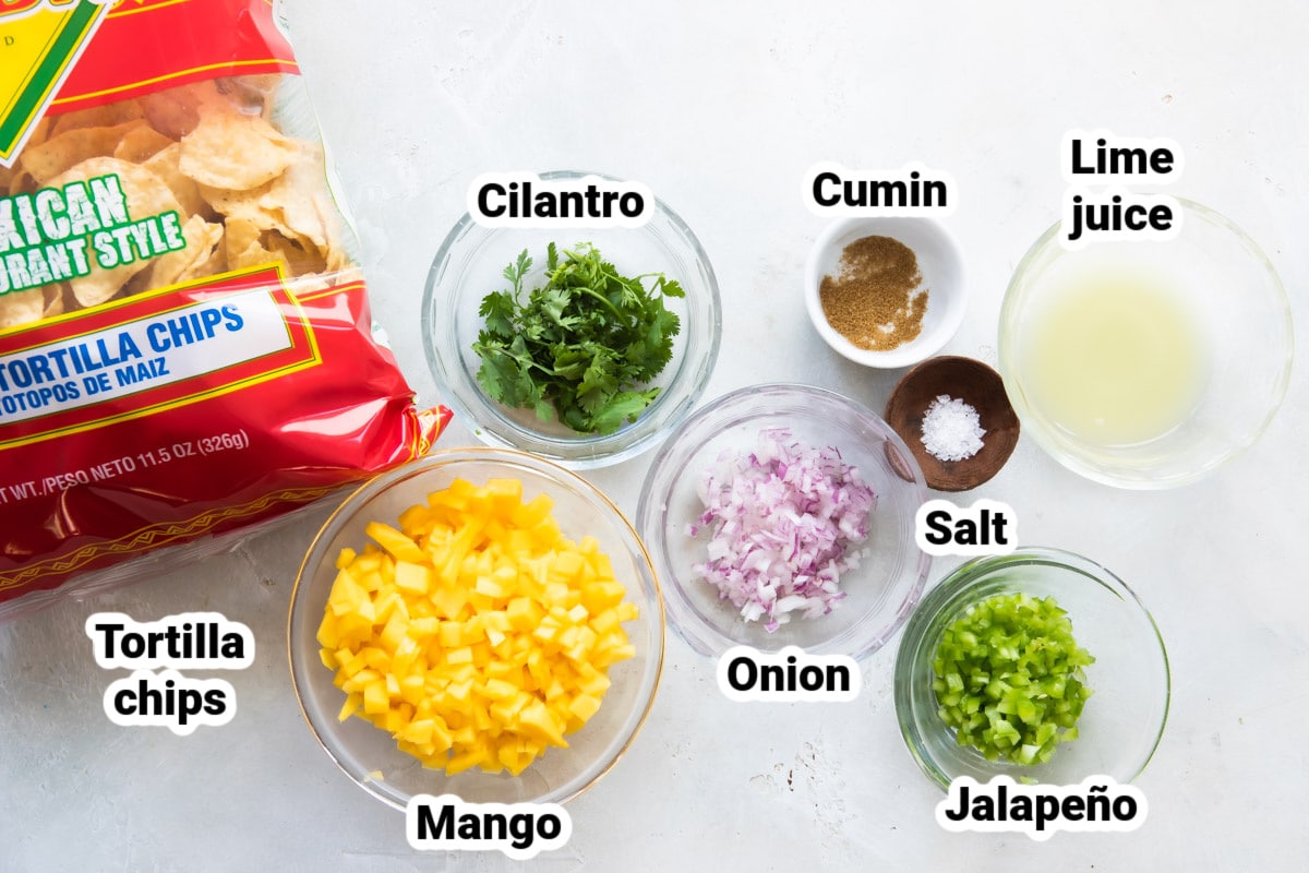 Labeled ingredients for mango salsa.