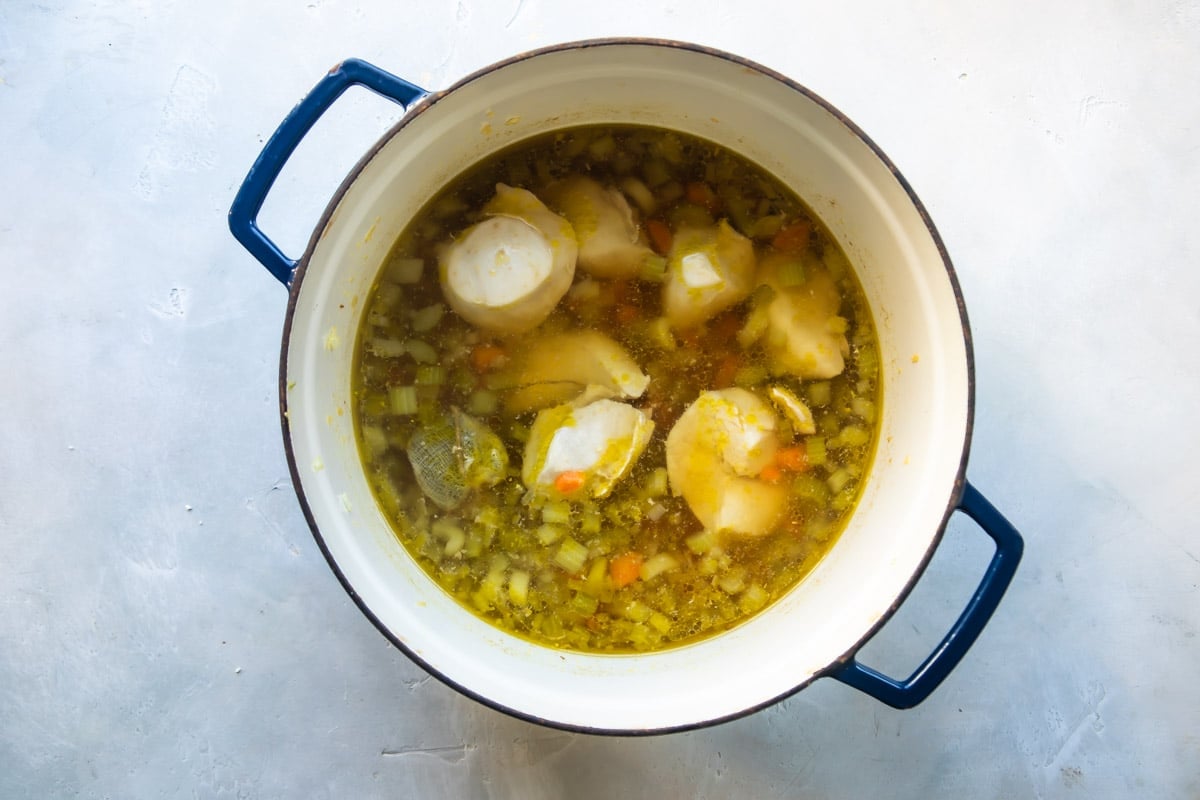 A pot of matzo ball soup.