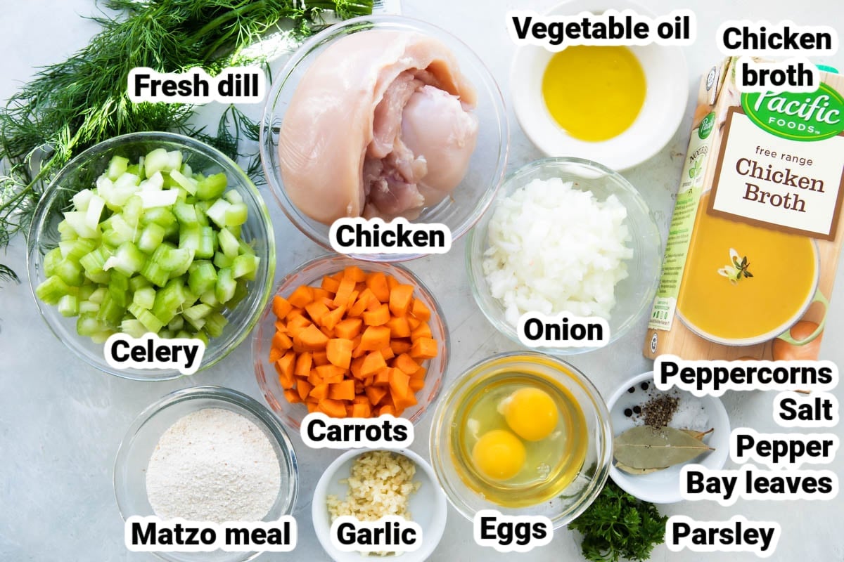 Labeled ingredients for Matzo ball soup.