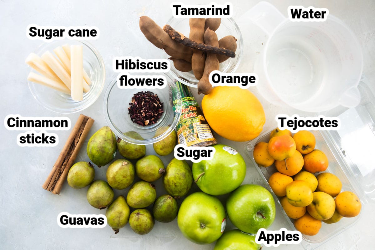 Labeled ingredients for Mexican Christmas punch.