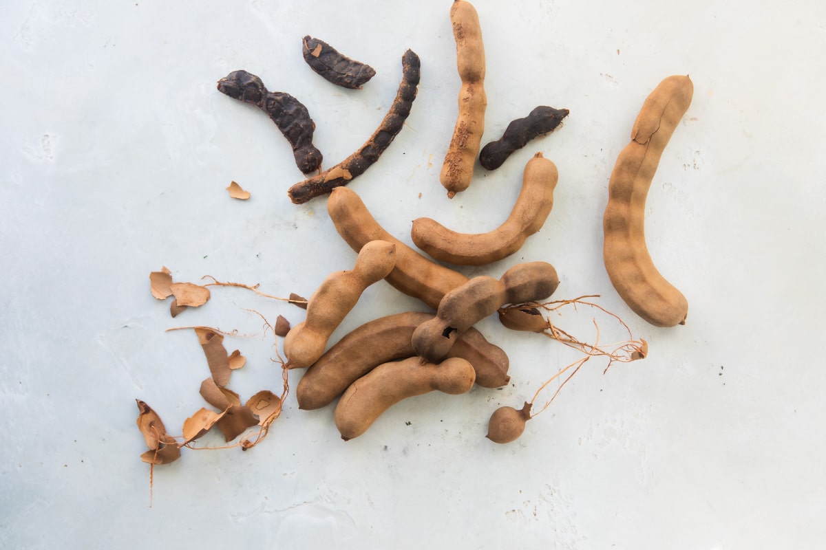 Tamarind in the shell next to some peeled pieces.