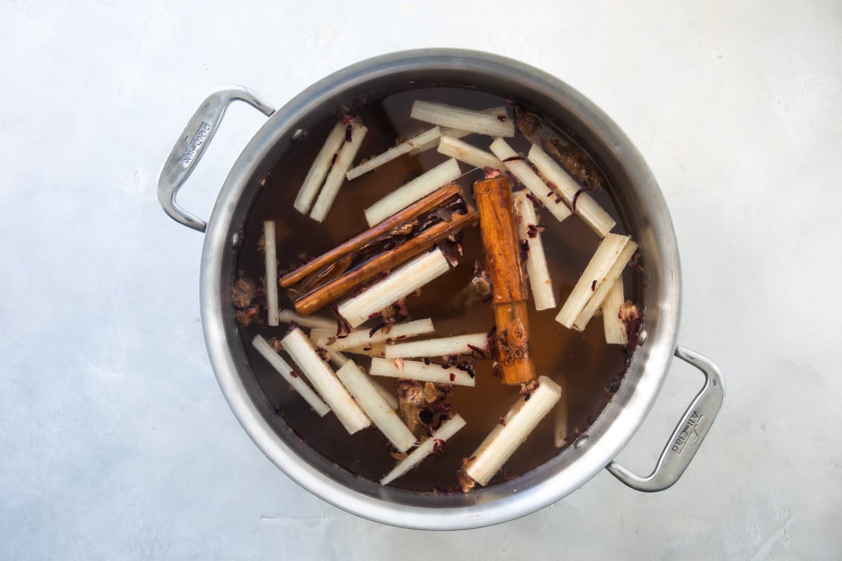 A simmering pot of Mexican Christmas Punch.