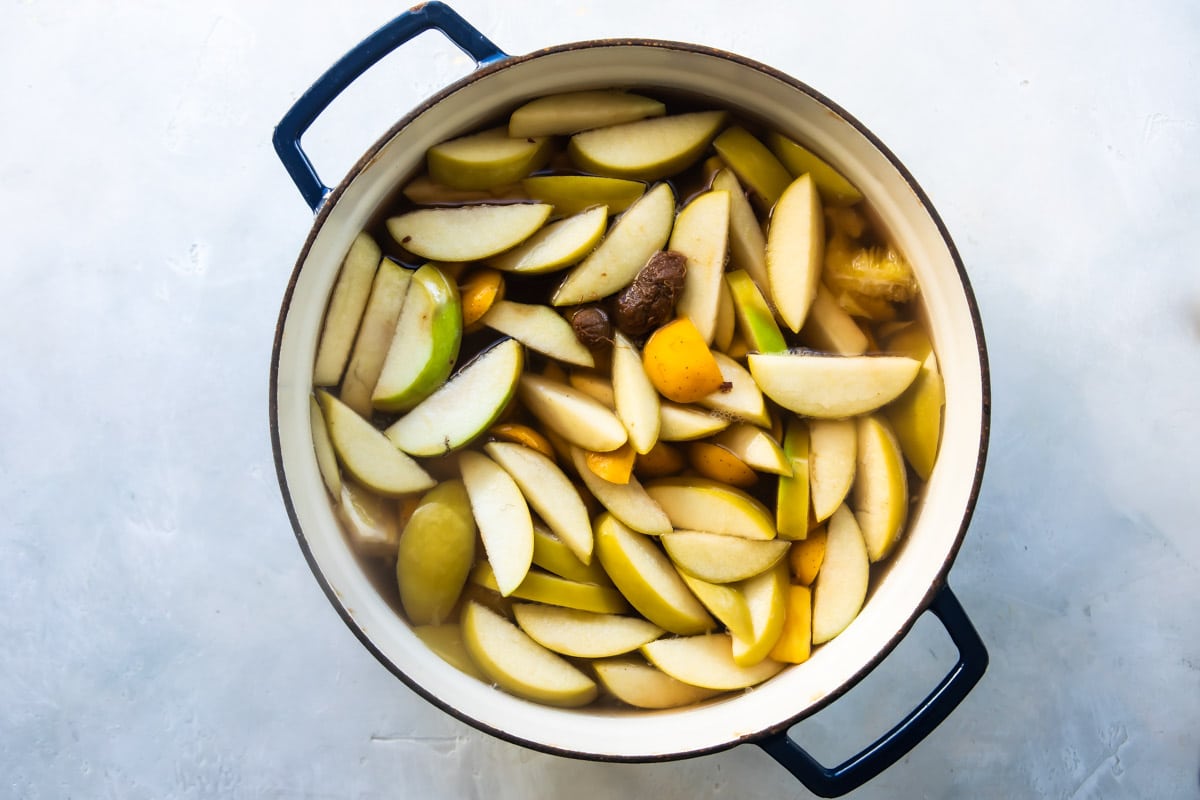 A simmering pot of Mexican Christmas Punch.