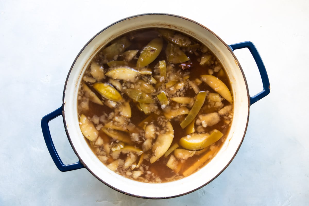 A simmering pot of Mexican Christmas Punch.