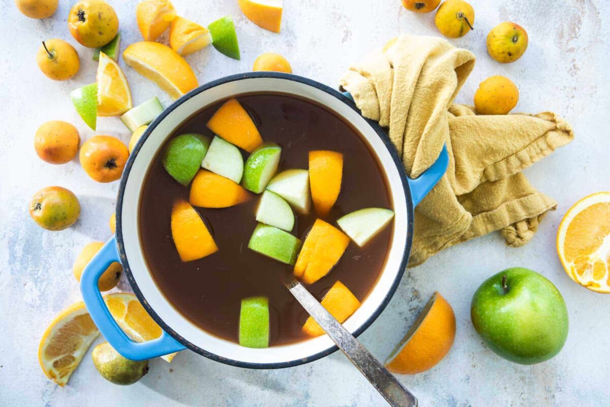 A simmering pot of Mexican Christmas Punch.