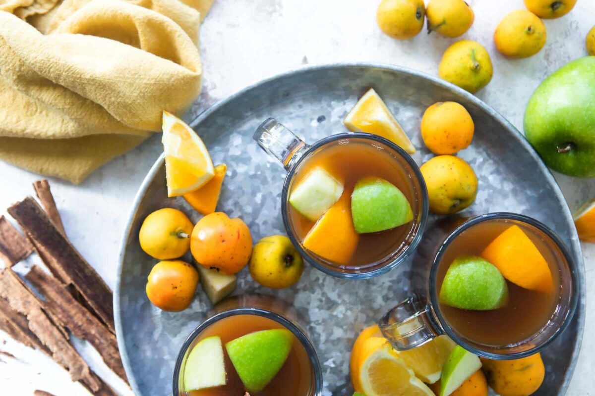 A simmering pot of Mexican Christmas Punch.