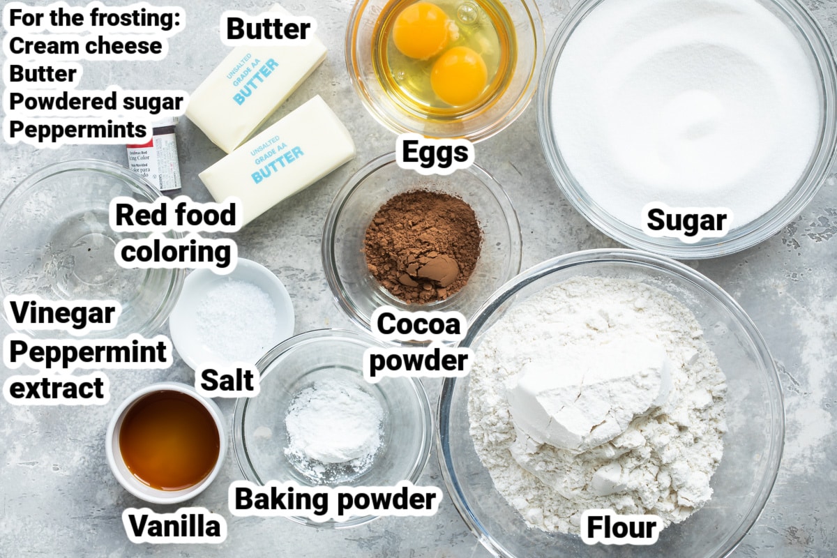 Labeled ingredients for peppermint cookies.