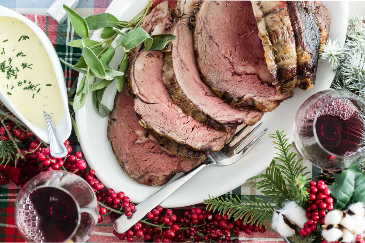 A platter of sliced prime rib.