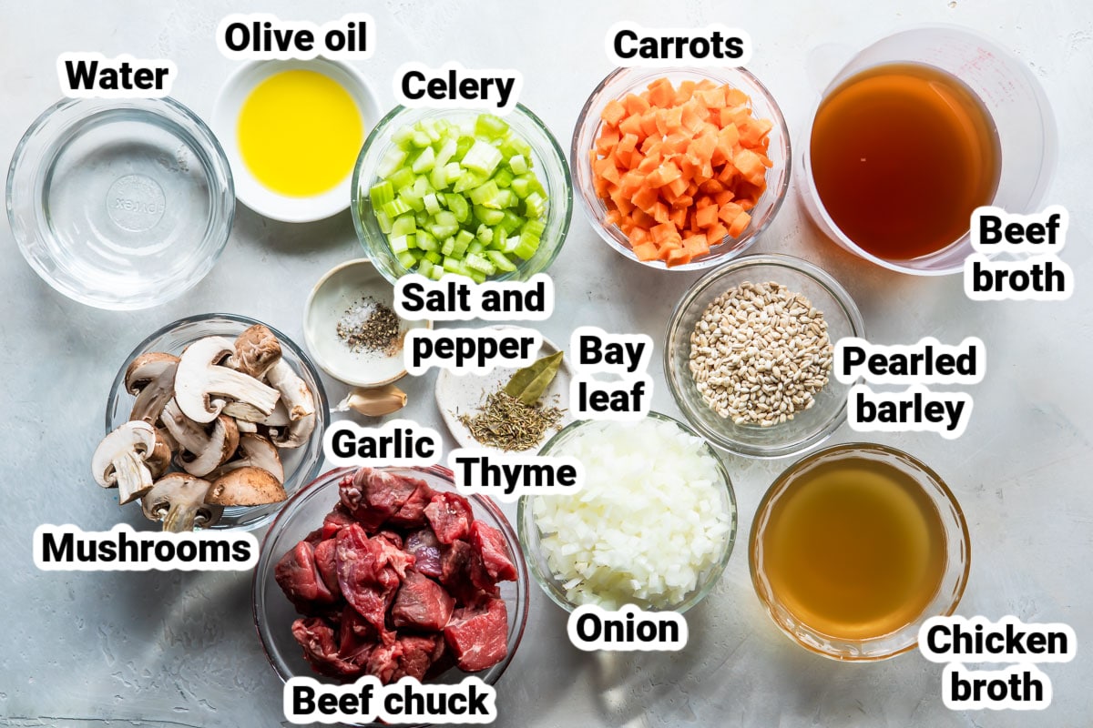 Labeled ingredients for slow cooker beef barley soup.