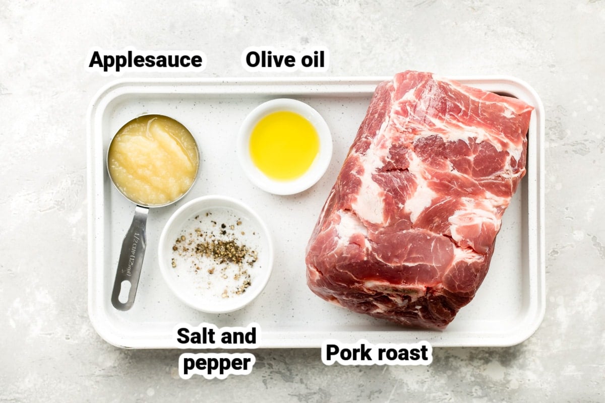 Labeled ingredients for slow cooker pulled pork.