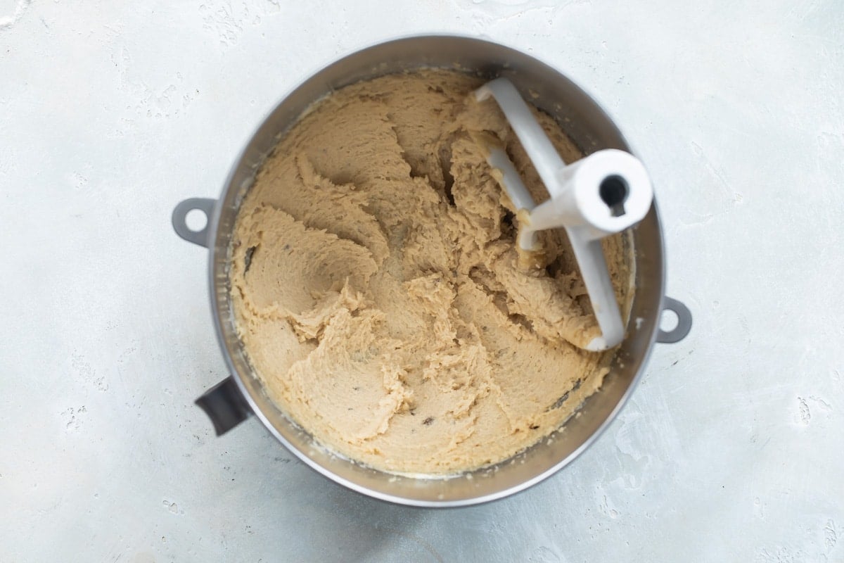 Cookie dough in a mixing bowl.
