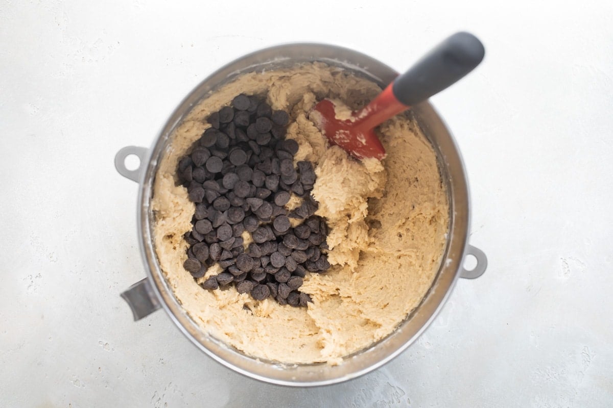 Cookie dough in a mixing bowl.