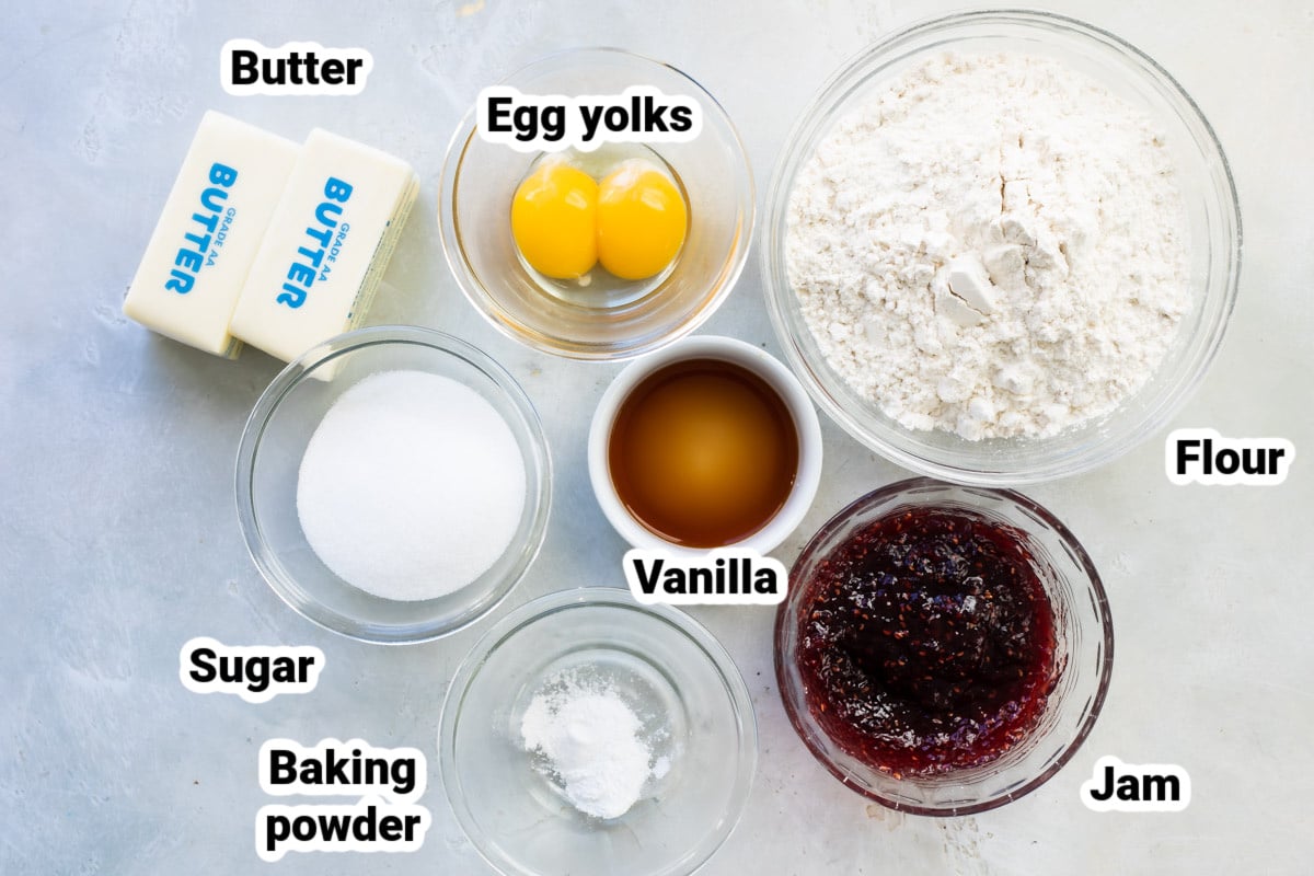 Labeled ingredients for thumbprint cookies.