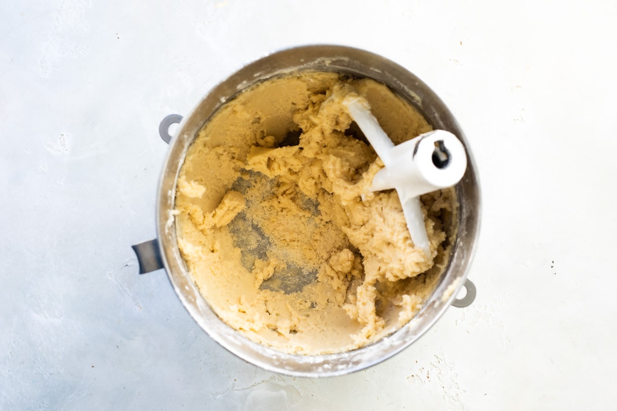 A bowl of cookie dough for thumbprint cookies.