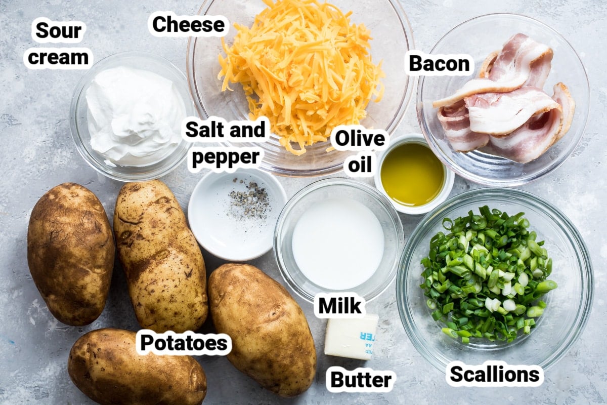 Labeled ingredients for twice baked potatoes.