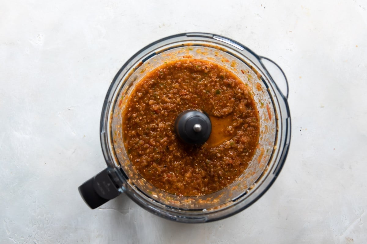 Sauce for Chipotle sofritas in a food processor.