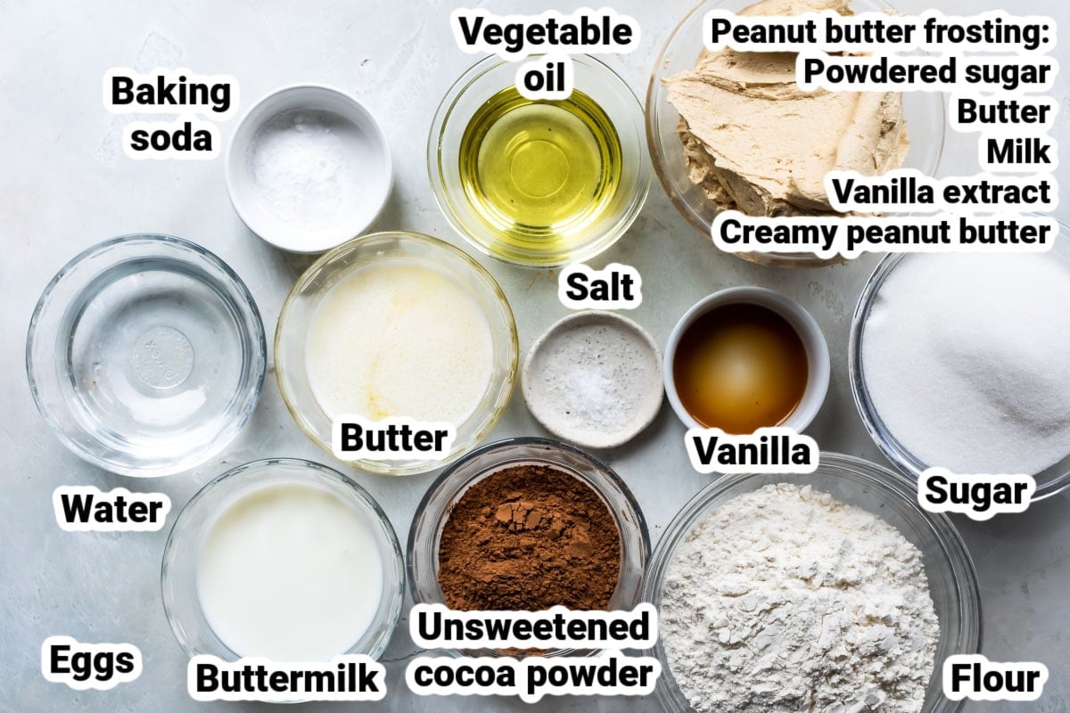 Labeled ingredients for chocolate chip cupcakes with peanut butter frosting.