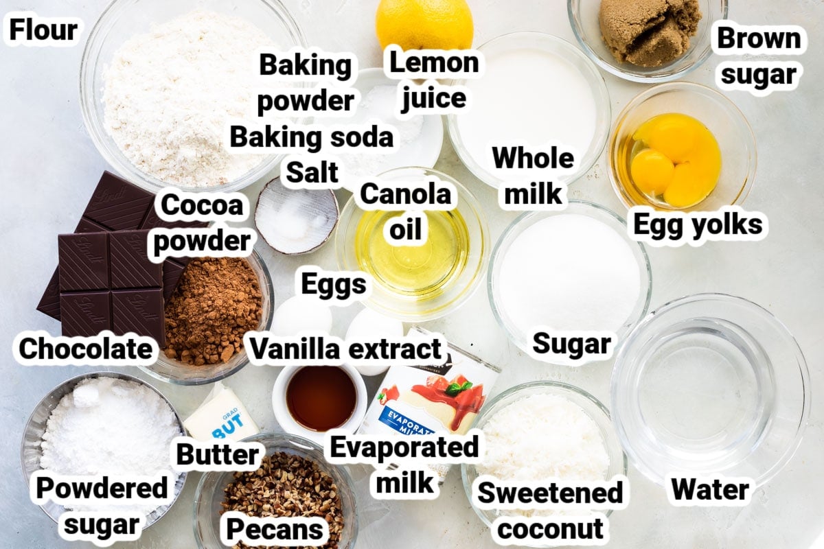 Labeled ingredients for German chocolate cake.