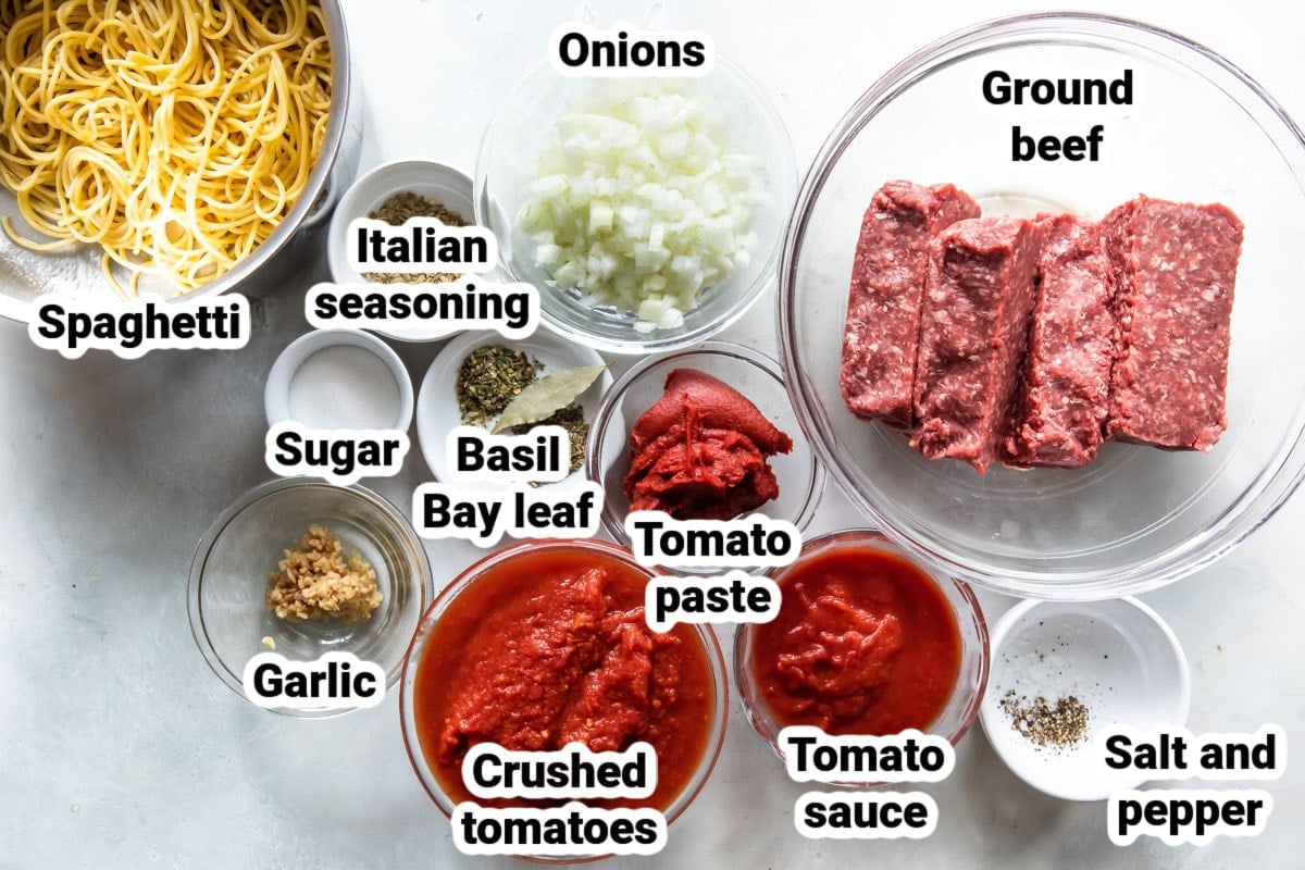 Labeled ingredients for homemade spaghetti sauce.