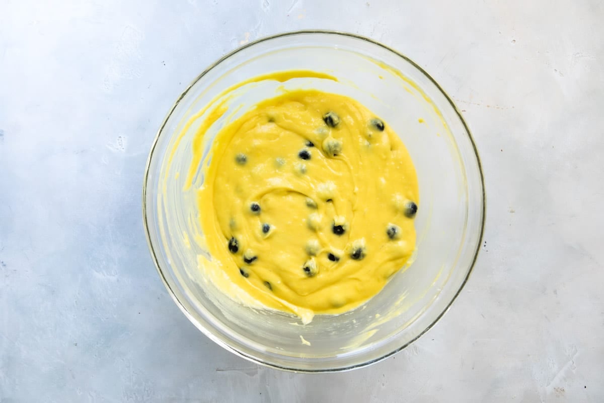 Lemon Blueberry Cake batter in a bowl.