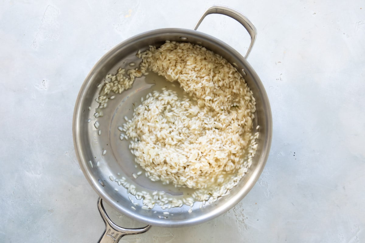Cooking risotto in a saucepan after 2nd cup of broth added.