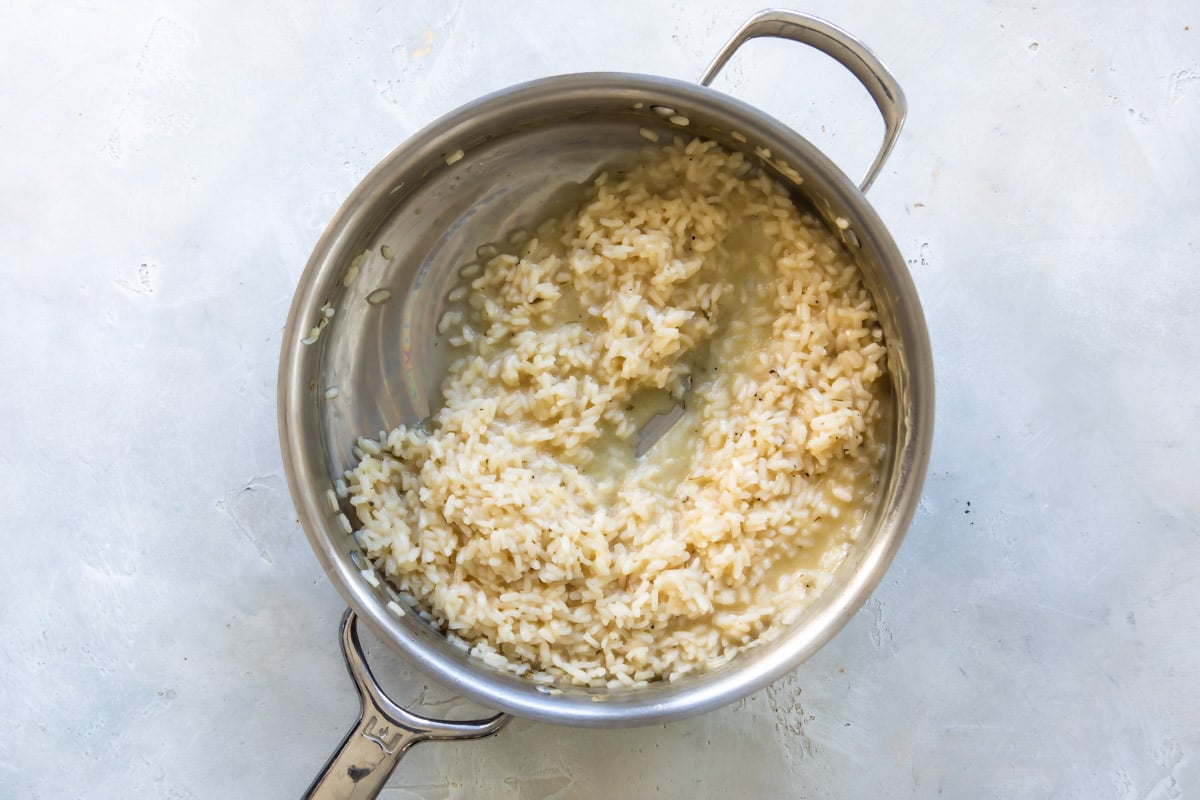 Cooking risotto in a saucepan after 3rd cup of broth added.