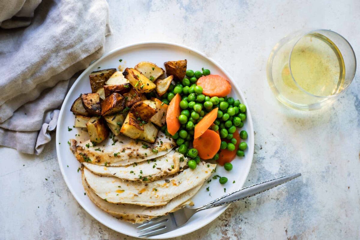 Rotisserie chicken slices on a white plate with potato cubes and vegetables.