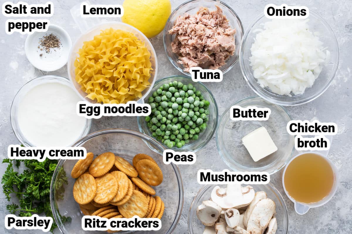 Labeled ingredients for tuna noodle casserole.