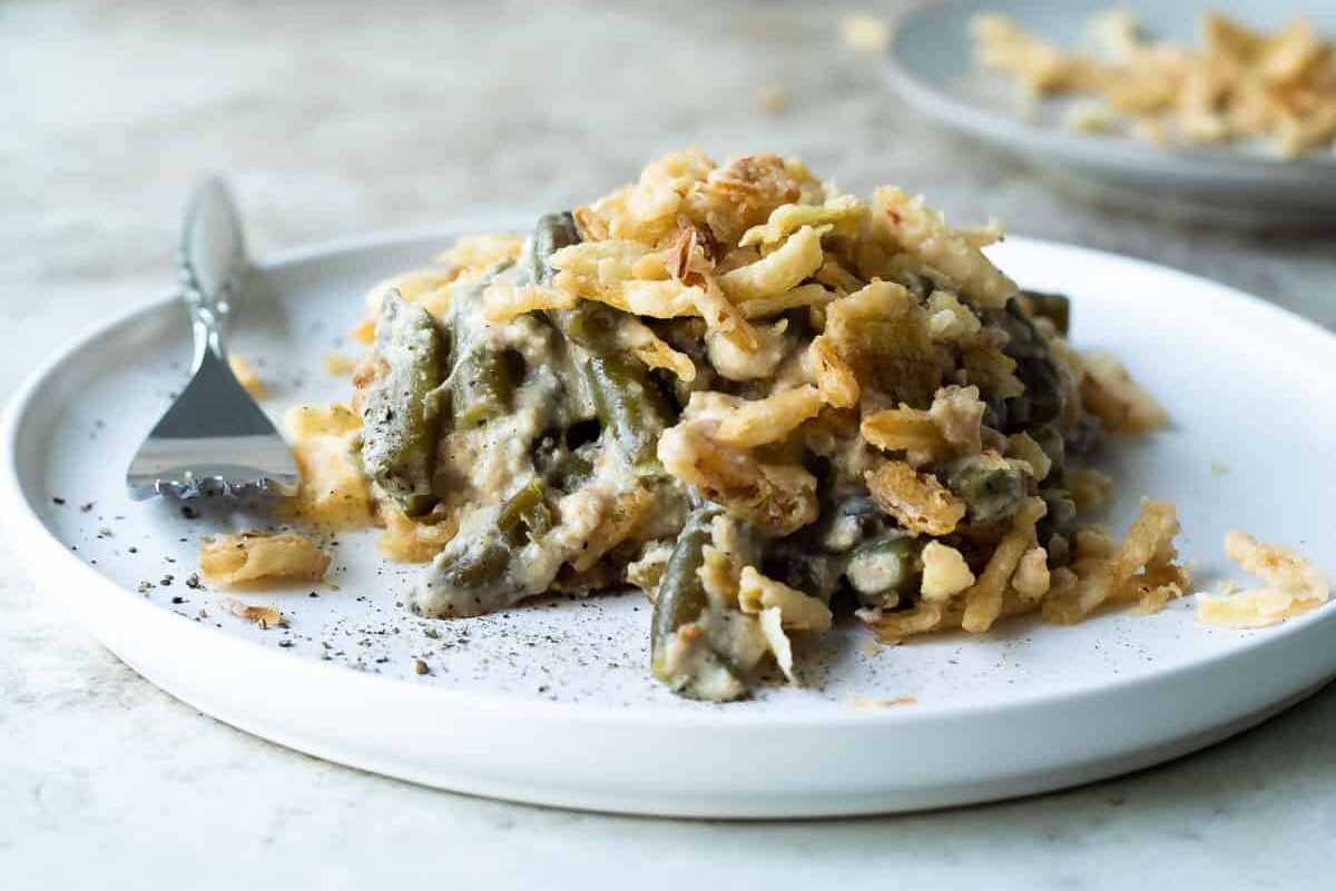 A plate with vegan green bean casserole.
