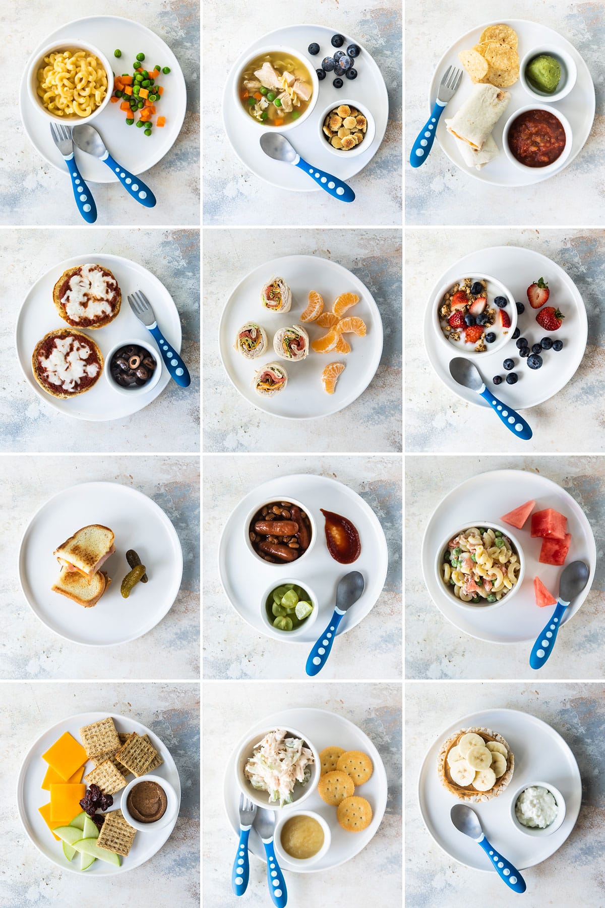 12 Toddler Lunch Ideas plated with silverware.