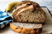 Banana bread slices on a piece of parchment paper.