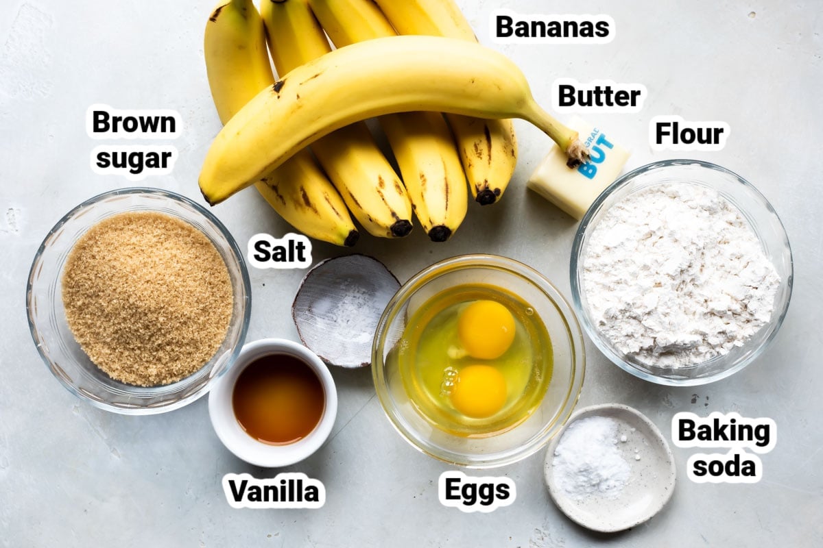 Labeled ingredients for banana bread.