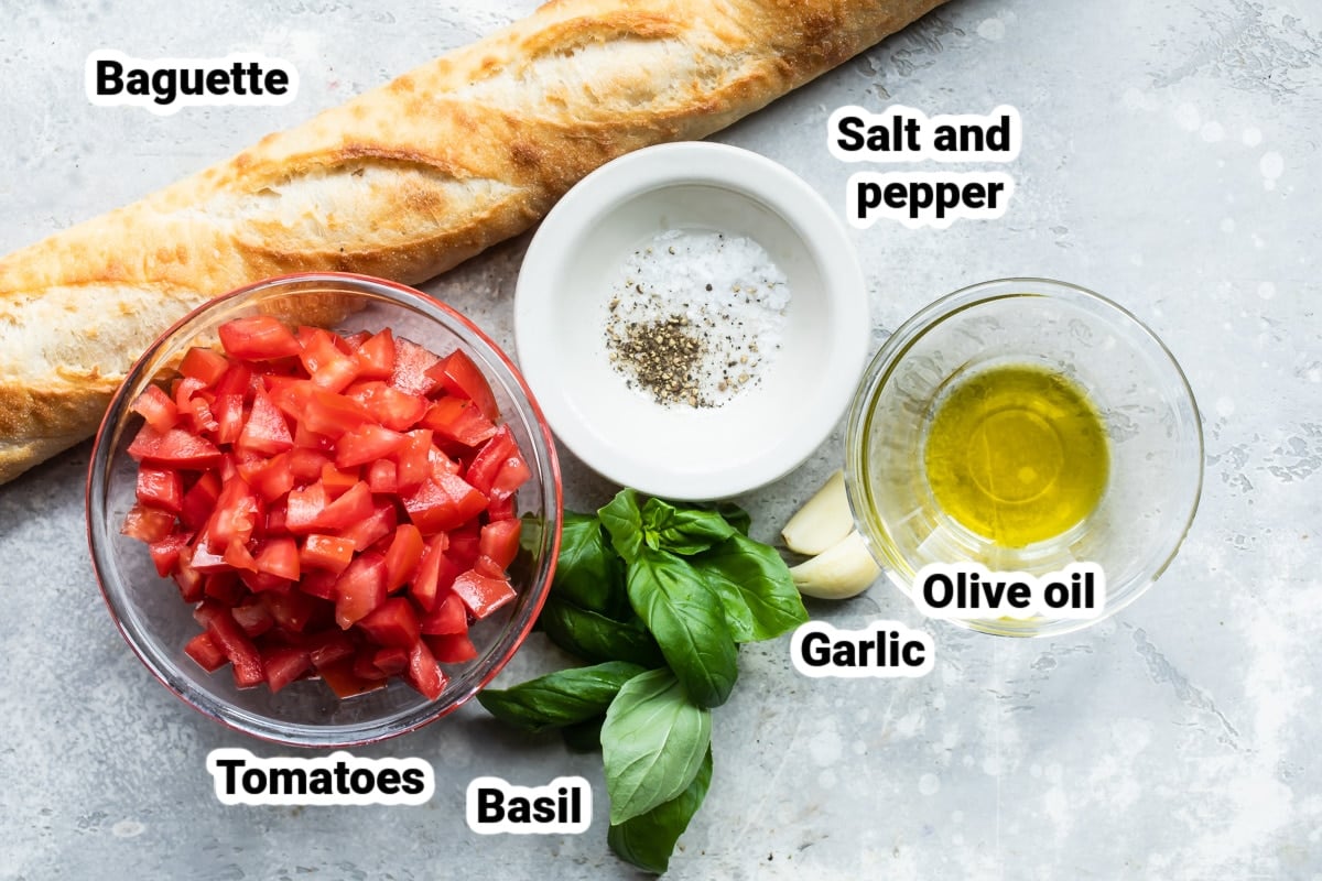 Labeled ingredients for bruschetta.