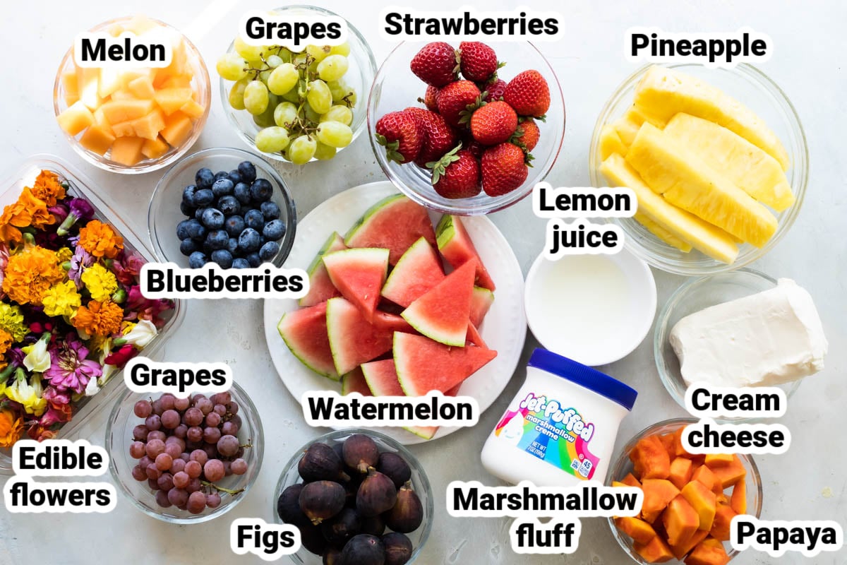 Labeled ingredients for a fruit platter.