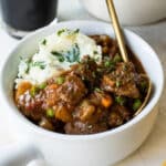 Guinness Stew in a small white bowl.