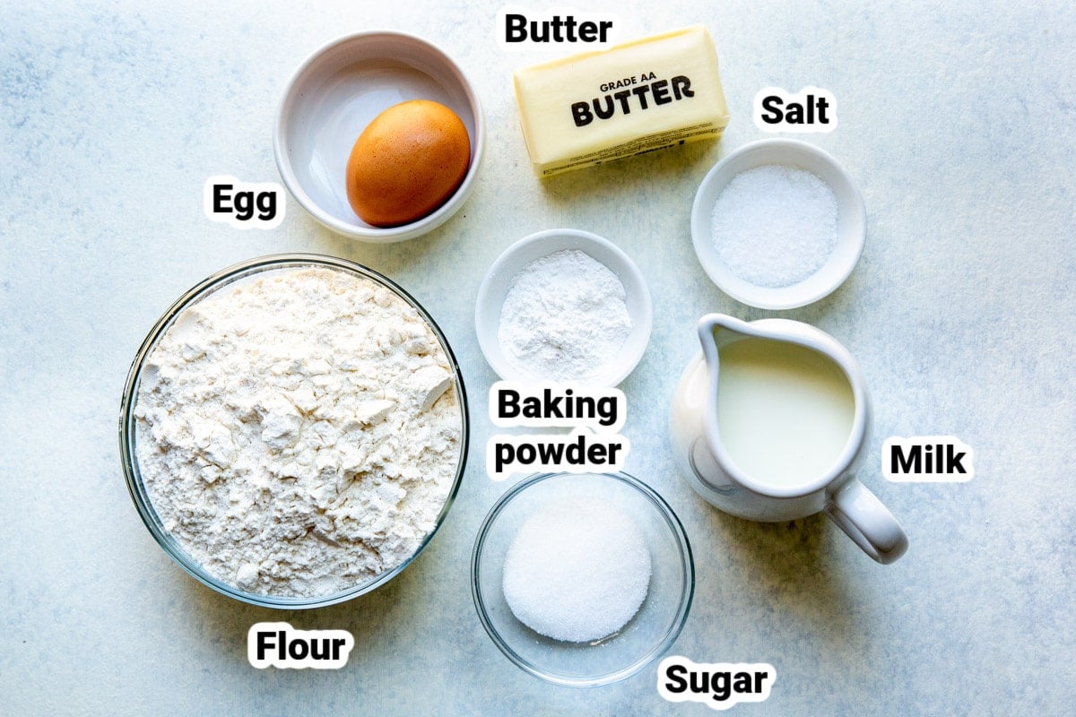 Labeled ingredients for homemade pancakes.