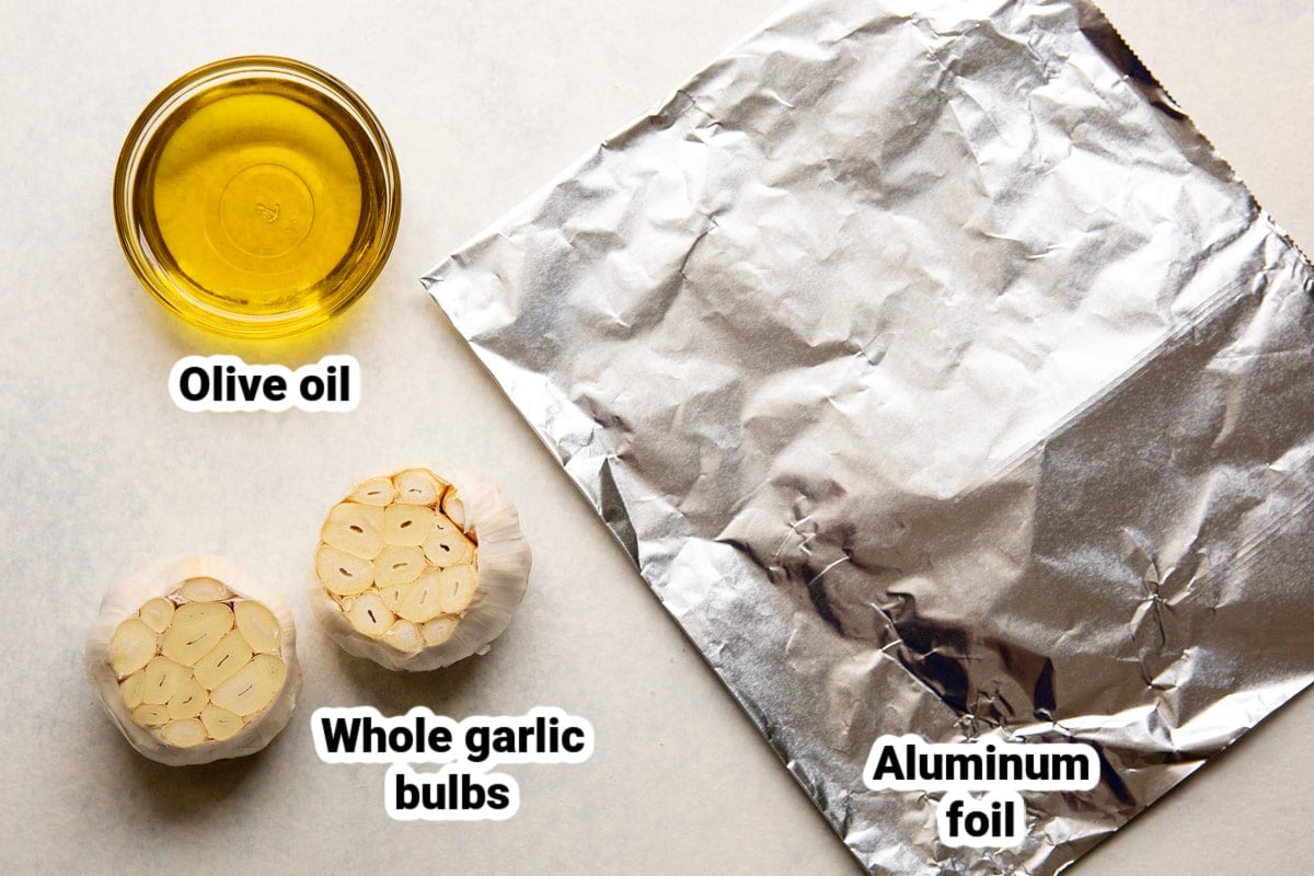 Labeled ingredients for roasting garlic.